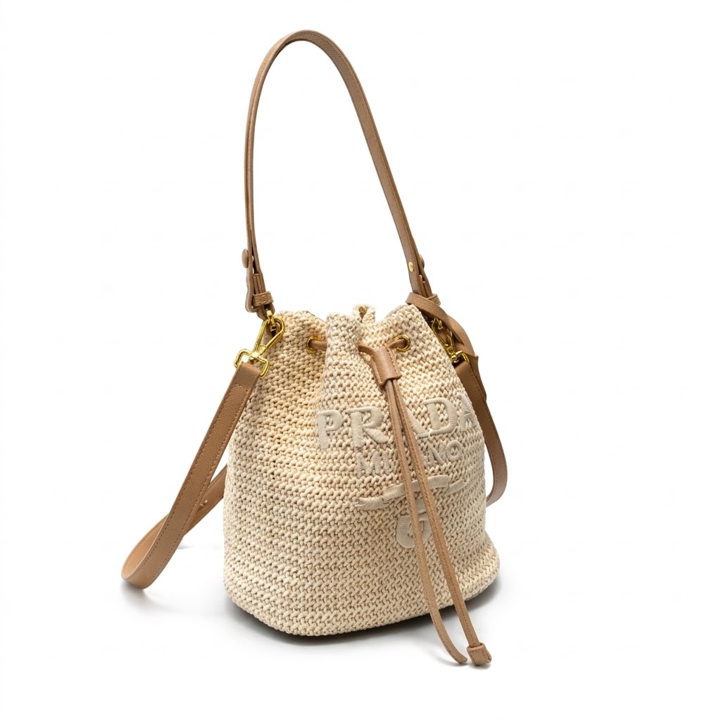 Prada Mini Crochet and Leather Bucket Bag