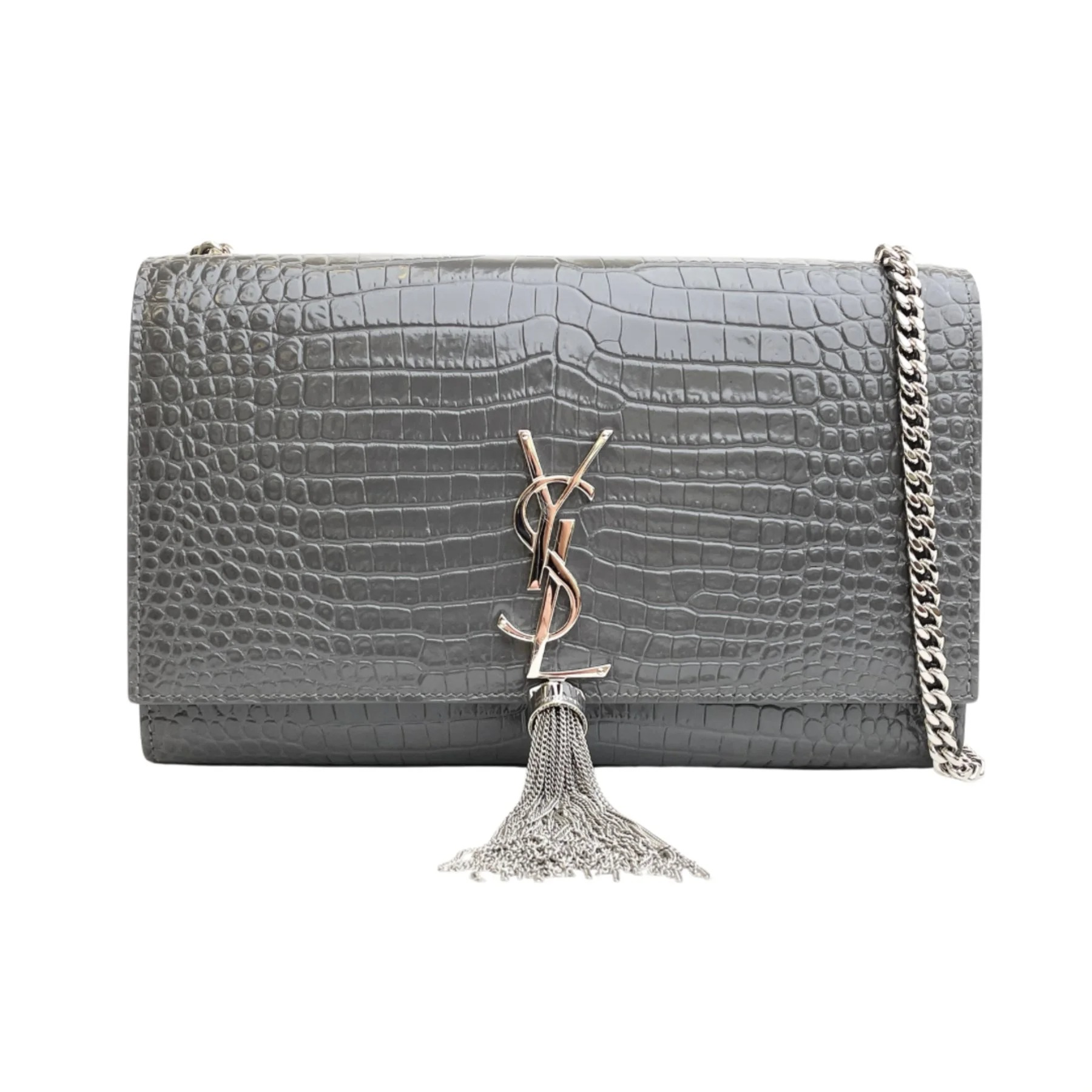 Saint Laurent Kate Monogram Shoulder Bag Crocodile Gray 20Cm