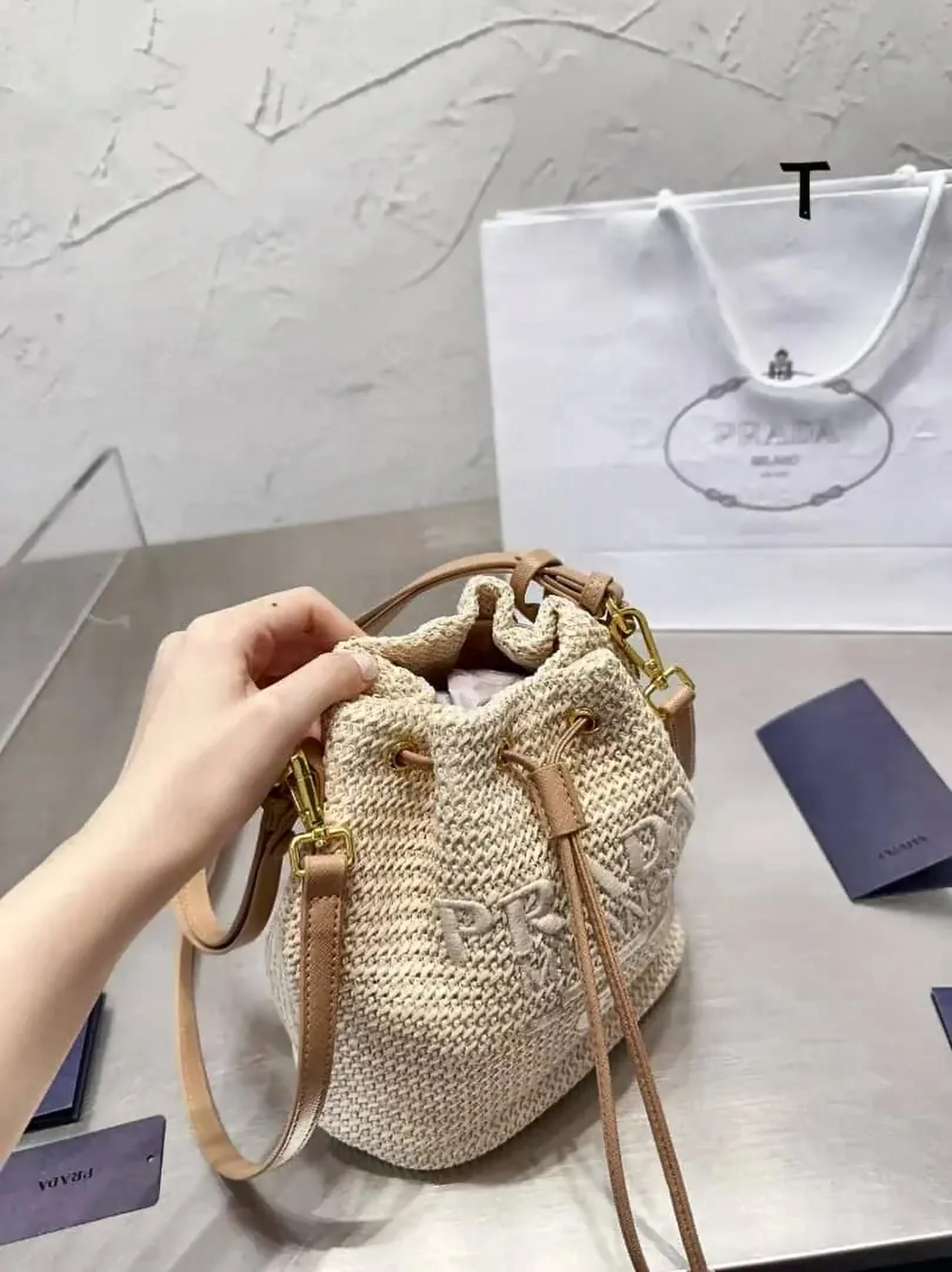 Prada Mini Crochet and Leather Bucket Bag - Image 2