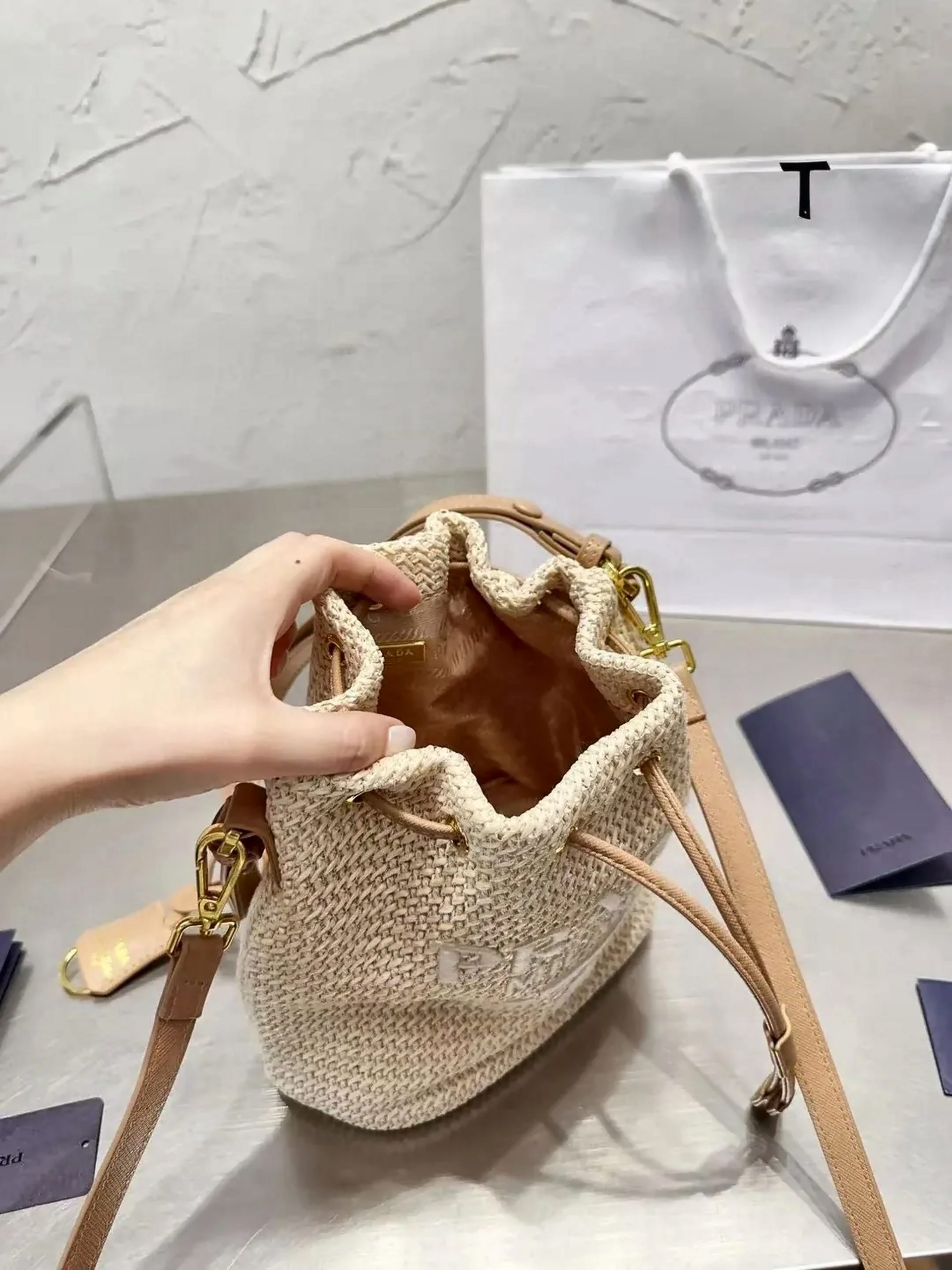 Prada Mini Crochet and Leather Bucket Bag - Image 3