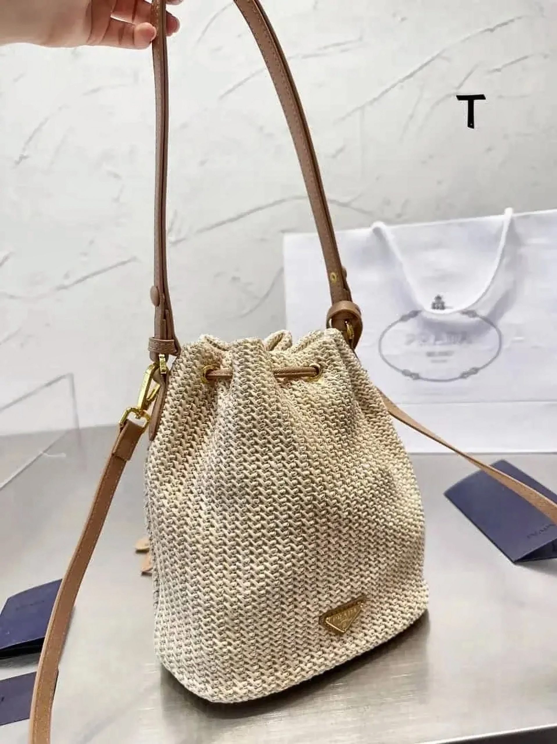 Prada Mini Crochet and Leather Bucket Bag - Image 5