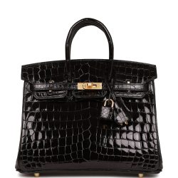 H Handbags Birkin 25 Black Shiny Niloticus Crocodile Gold Hardware