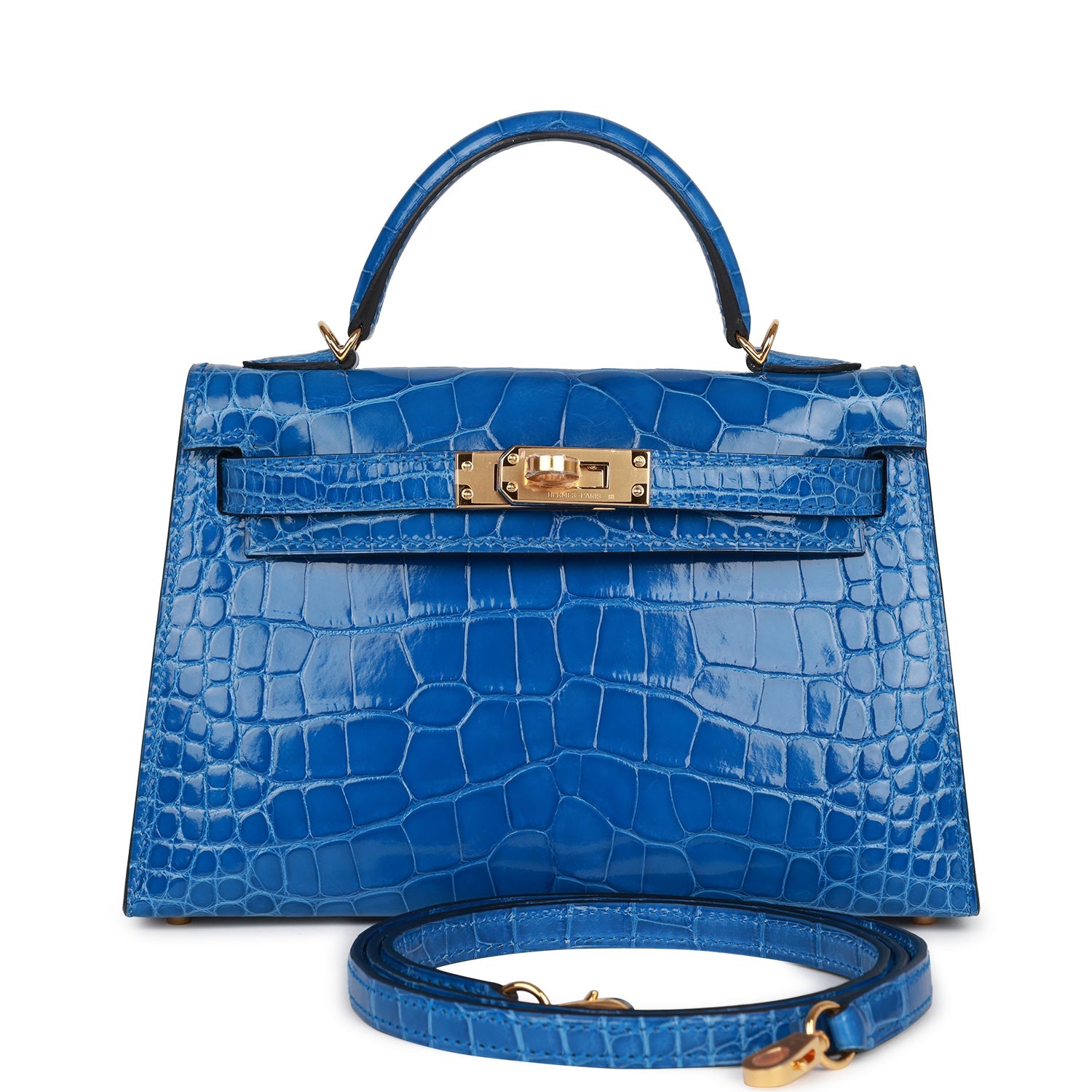 H Handbags Kelly Sellier 20 Bleu Zellige Shiny Alligator Gold Hardware