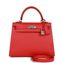 Hermes Kelly Sellier 25 Rouge De Coeur Verso Epsom Palladium Hardware