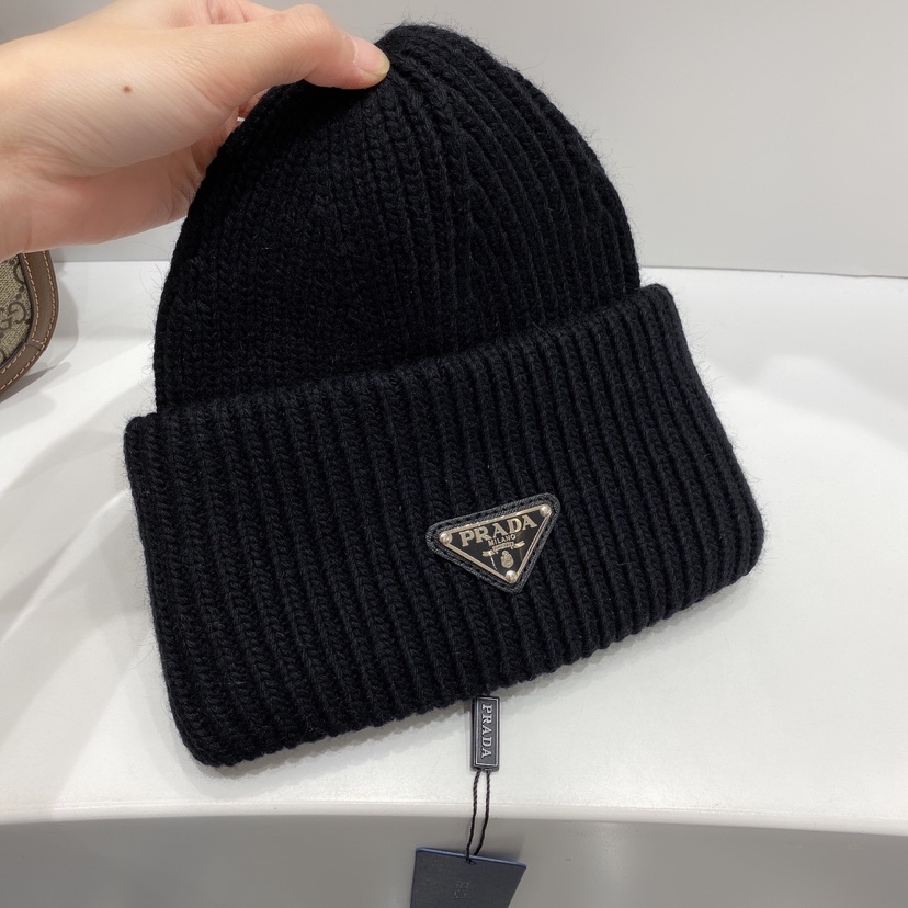 Prada Wool And Cashmere Beanie Silver Black - Image 3