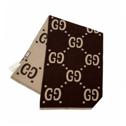 Gucci GG Pattern Jacquard Wool Silk Scarf In Beige/Brown