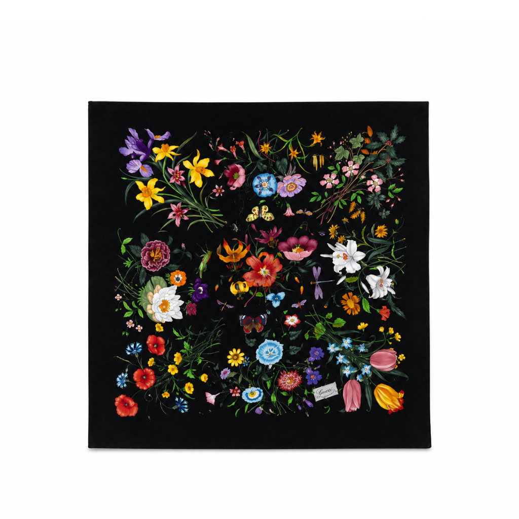 Gucci Scarf Flora Print Black Multicolor Silk