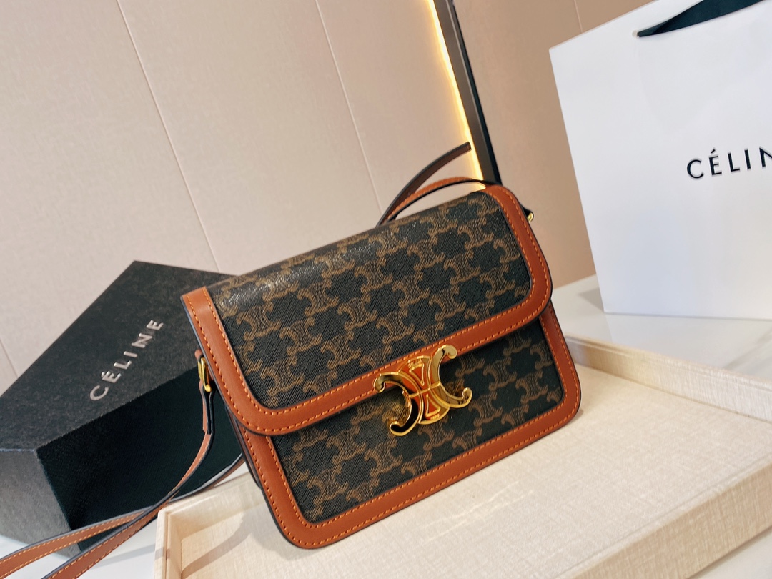 Celine Classique Triomphe Bag In Triomphe Canvas And Calfskin Tan 22Cm 191242Bz404Lu - Image 9