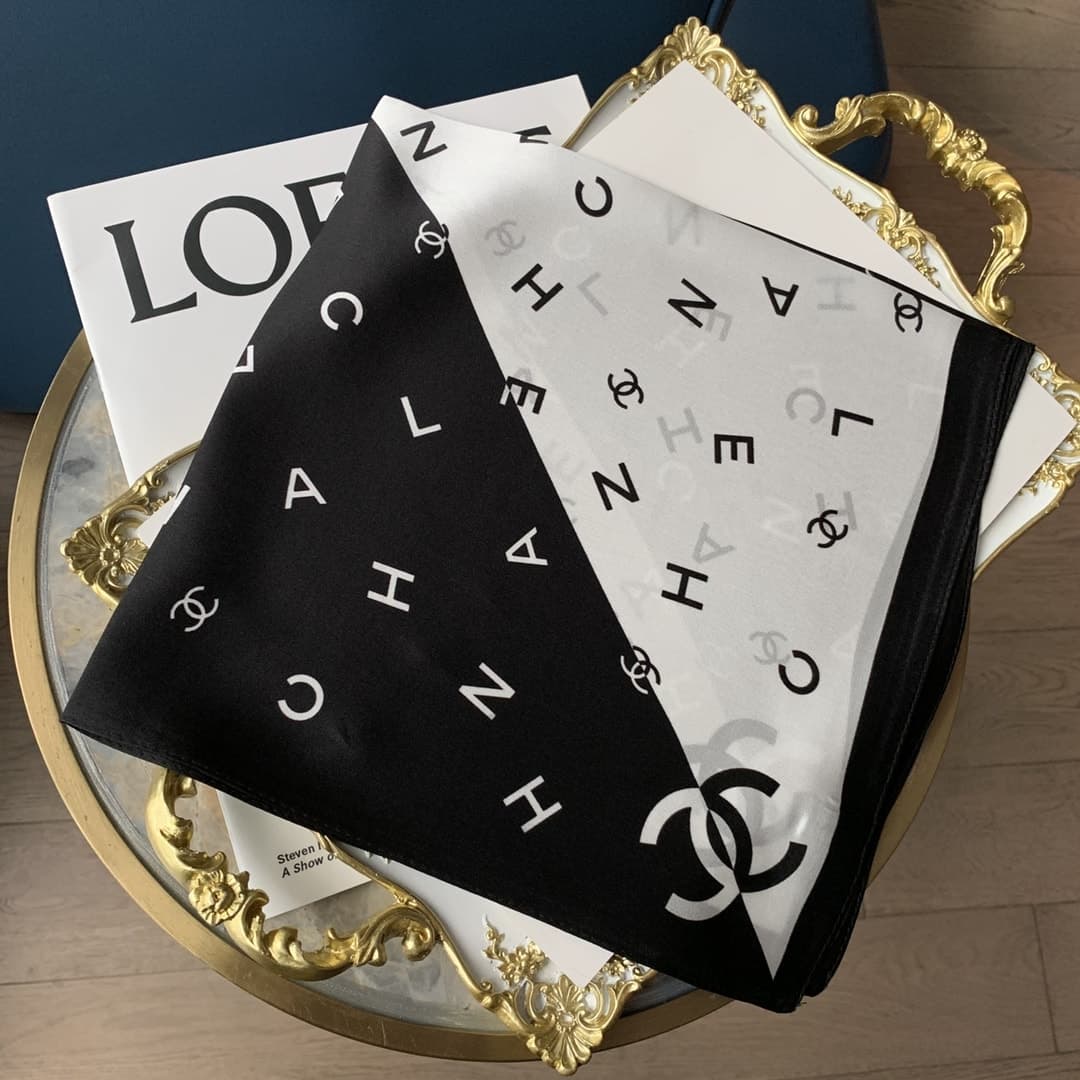 Chanel Multi Letters Square Silk Scarf Black White - Image 2