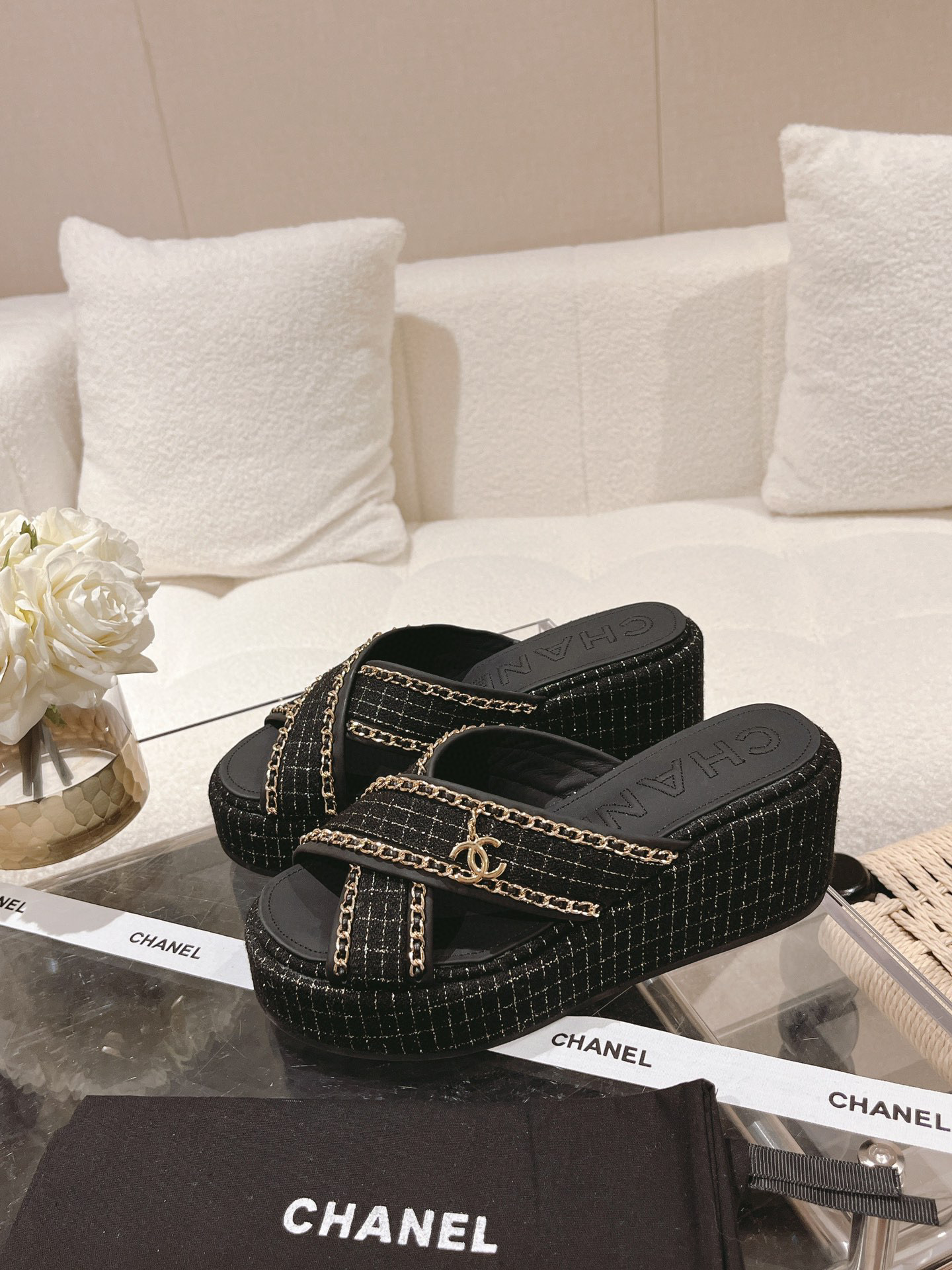 Chanel Tweed Cc Sandal Black - Image 2