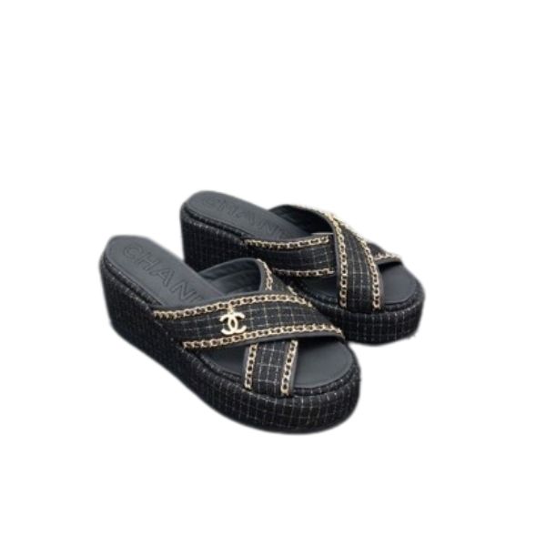 Chanel Tweed Cc Sandal Black