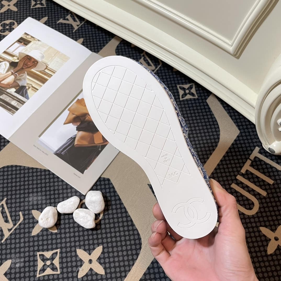 Chanel Tweed Cc Platform Slide Sandals Blue - Image 5