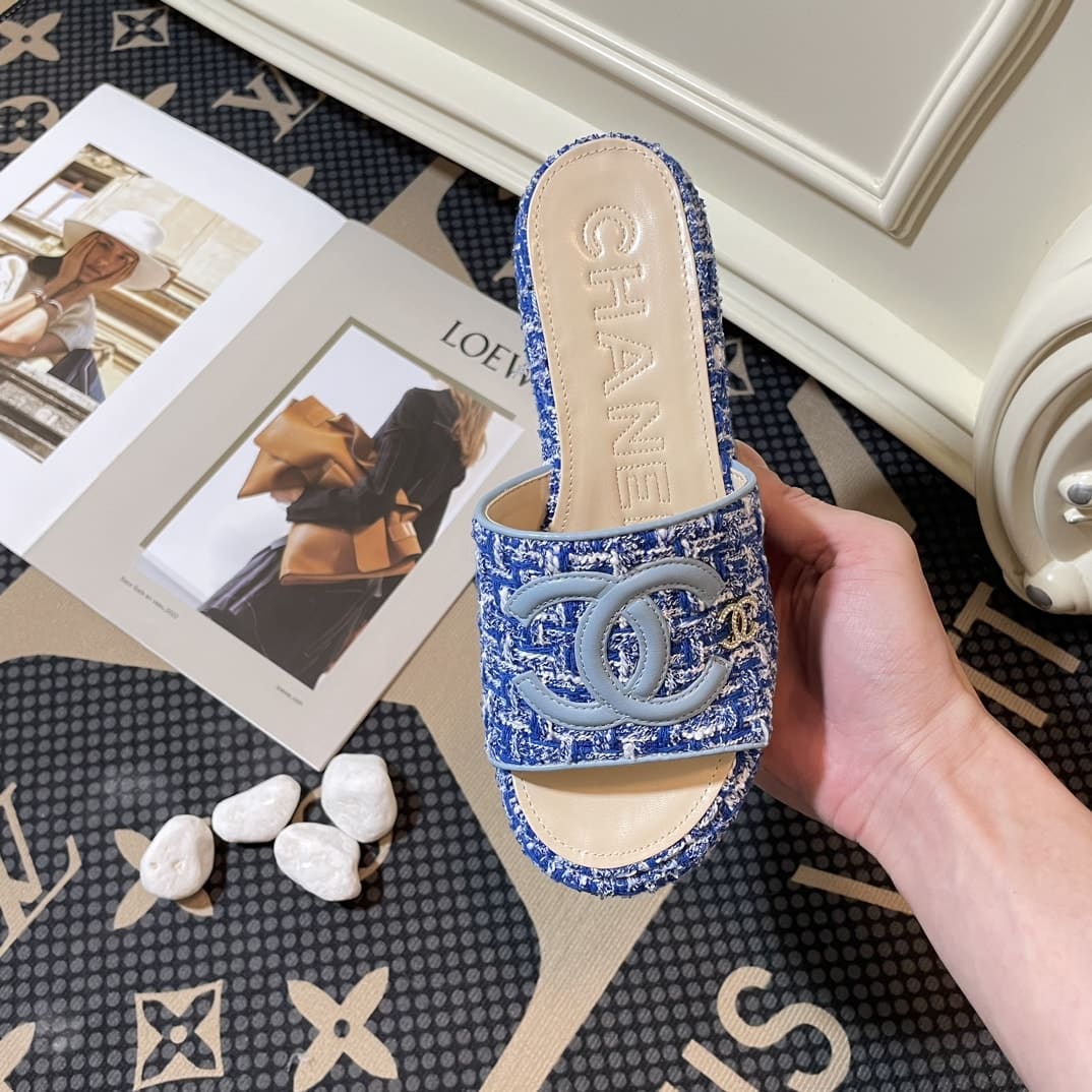Chanel Tweed Cc Platform Slide Sandals Blue - Image 4