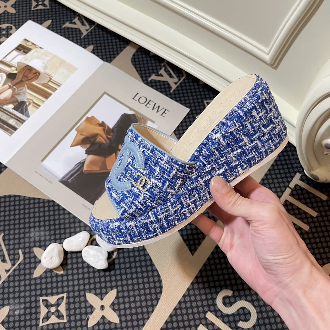 Chanel Tweed Cc Platform Slide Sandals Blue - Image 3