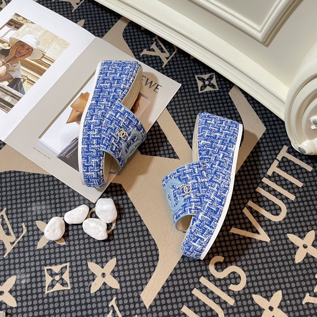 Chanel Tweed Cc Platform Slide Sandals Blue - Image 2