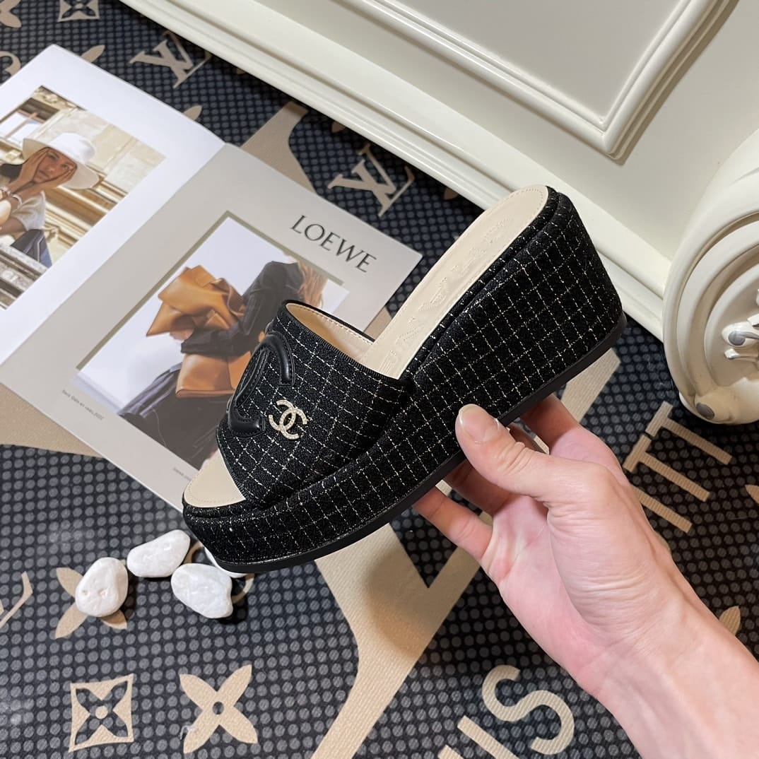 Chanel Tweed Cc Platform Slide Sandals Black - Image 5