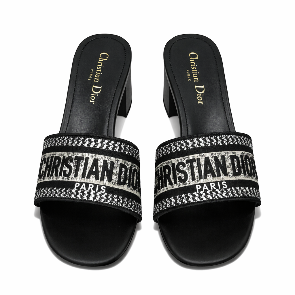 Dior Dway Heeled Slide Embroided Cotton Black - Image 3