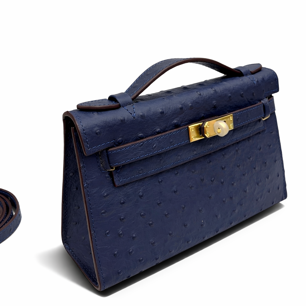 Hermès Kelly Pochette 22 Bleu Iris Ostrich Gold Hardware - Image 4