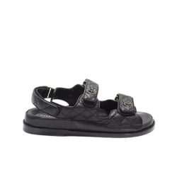 Chanel Cc Button Velcro Black Sandals Grained Calfskin Leather