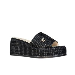 Chanel Tweed Cc Platform Slide Sandals Black