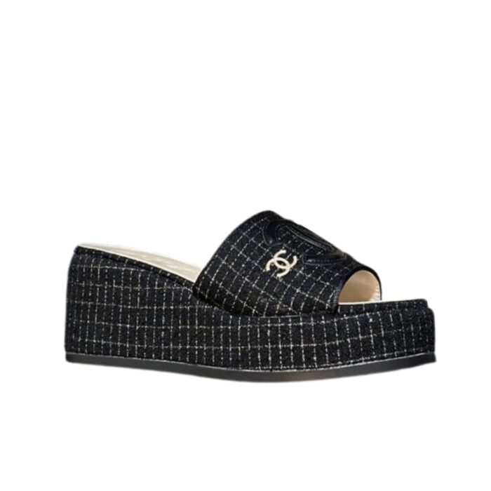 Chanel Tweed Cc Platform Slide Sandals Black - Image 8