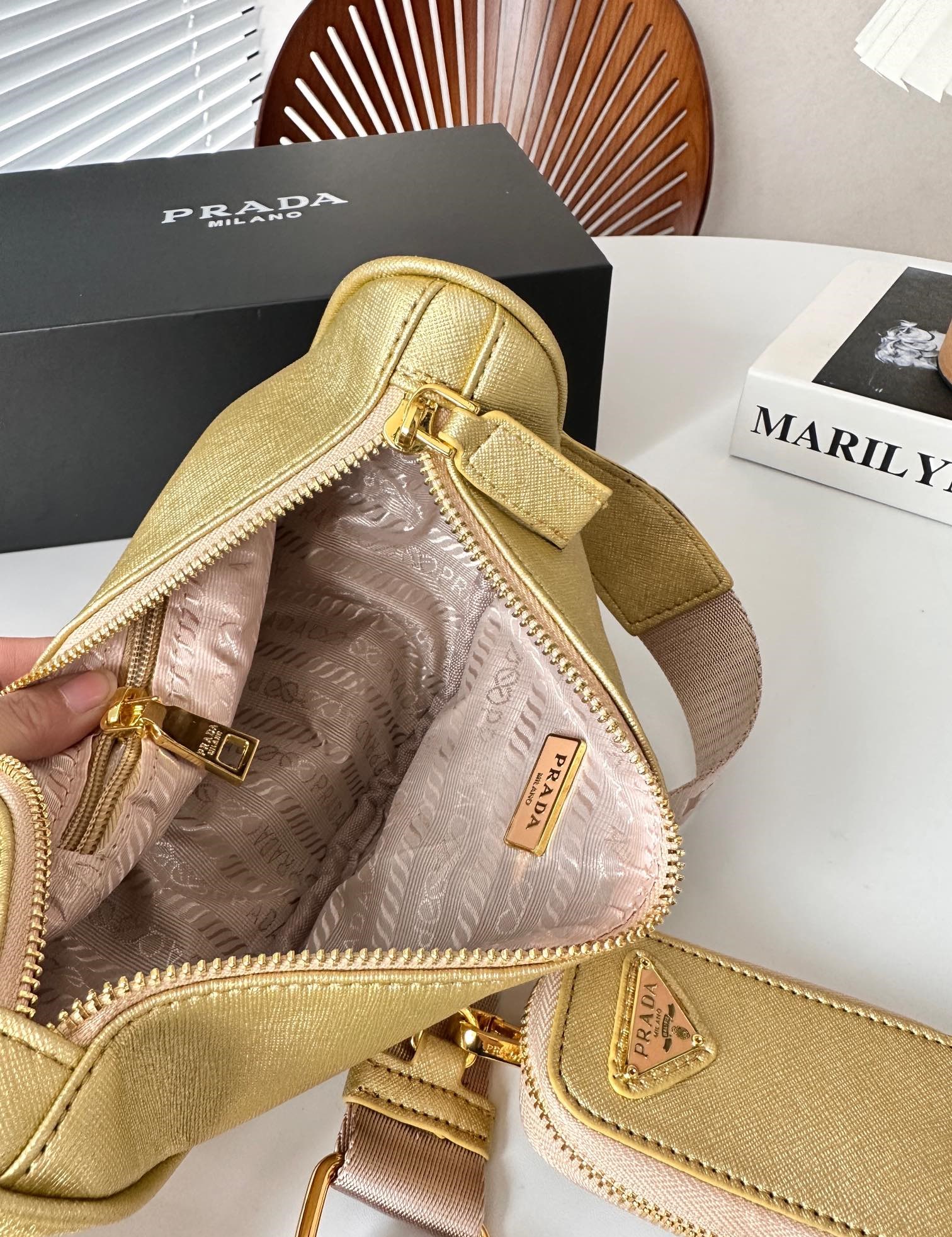 Prada Triangle Saffiano Leather Shoulder Bag Gold 28cm - Image 2