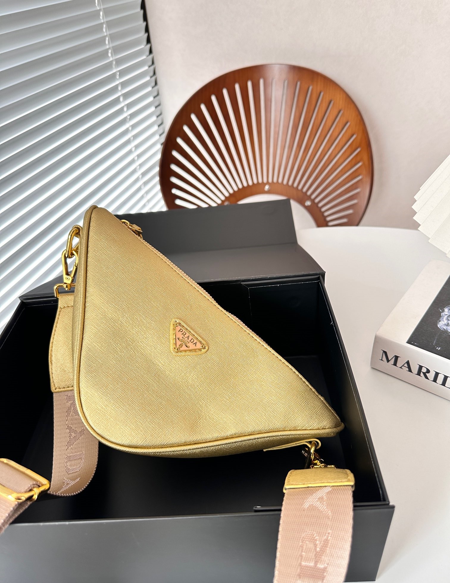 Prada Triangle Saffiano Leather Shoulder Bag Gold 28cm - Image 8