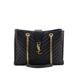 Saint Laurent Black Grain De Poudre Matelasse Chevron Monogram Shopping Bag Gold Hardware