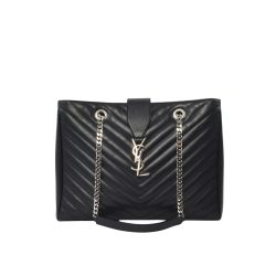 Saint Laurent Black Grain De Poudre Matelasse Chevron Monogram Shopping Bag Silver Hardware