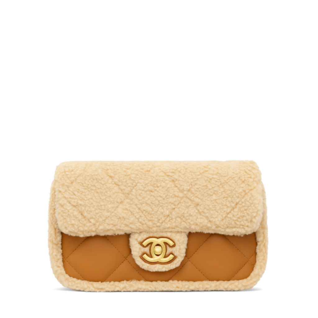 Chanel Quilted Flap Bag Beige Shearling Gold Hardware