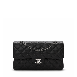 Chanel Black Quilted Caviar Small Double Flap Silver Hardware