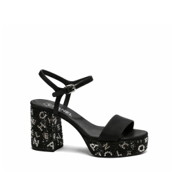 Chanel Sandal Pump Stone Beads Black Silver G45365 B15306 Nu665