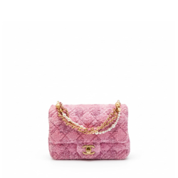 Chanel Smal Square Tweed Pearl Twist Flap Pink Bag 17Cm