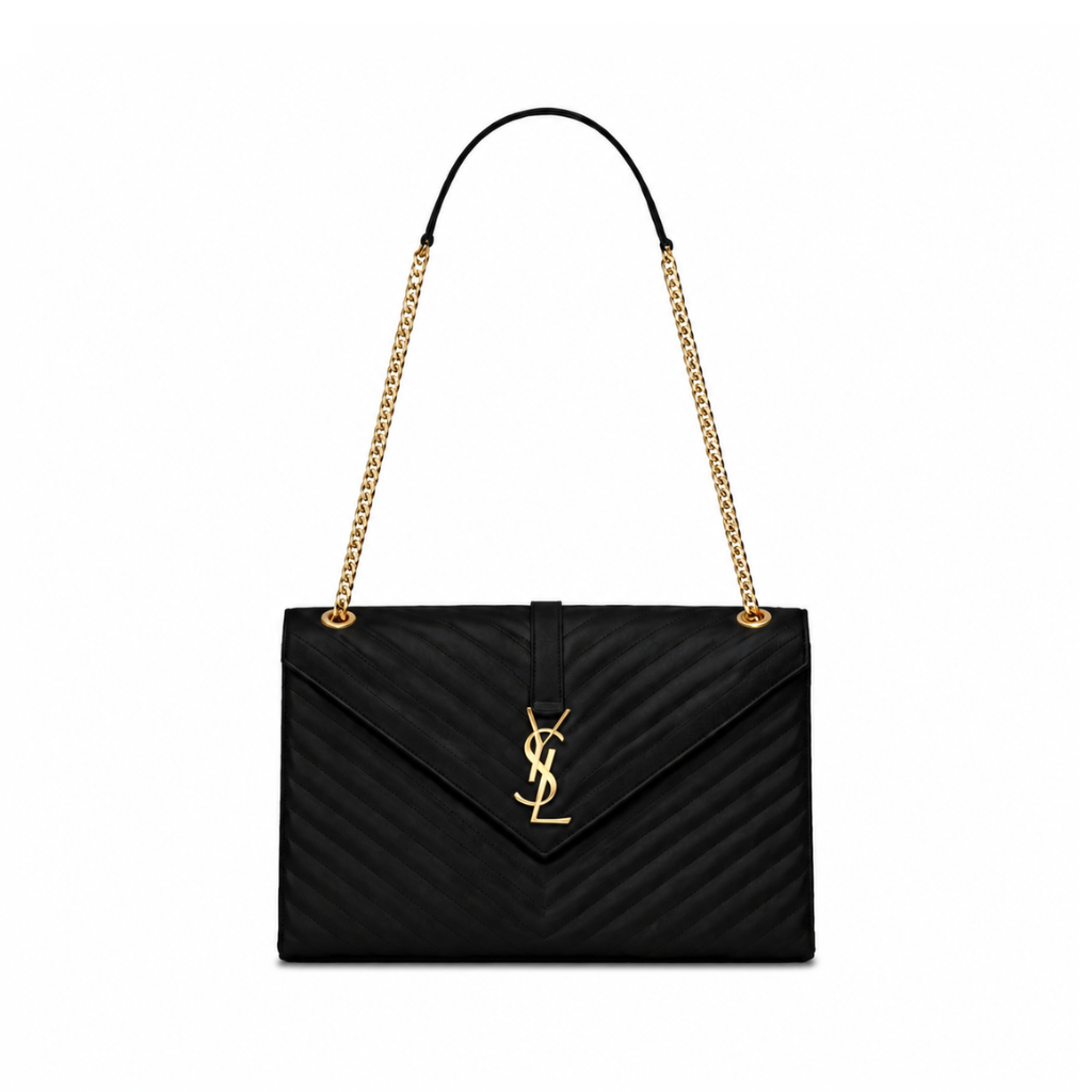 Saint Laurent Black Chevron Quilted Leather Large Envelope Bag