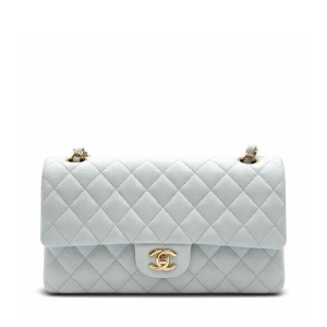Chanel Medium Classic Double Flap Bag Blue Quilted Caviar Light Gold Hardware