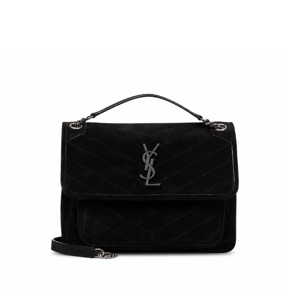 Saint Laurent Niki Medium Quilted Suede Shoulder Bag Black