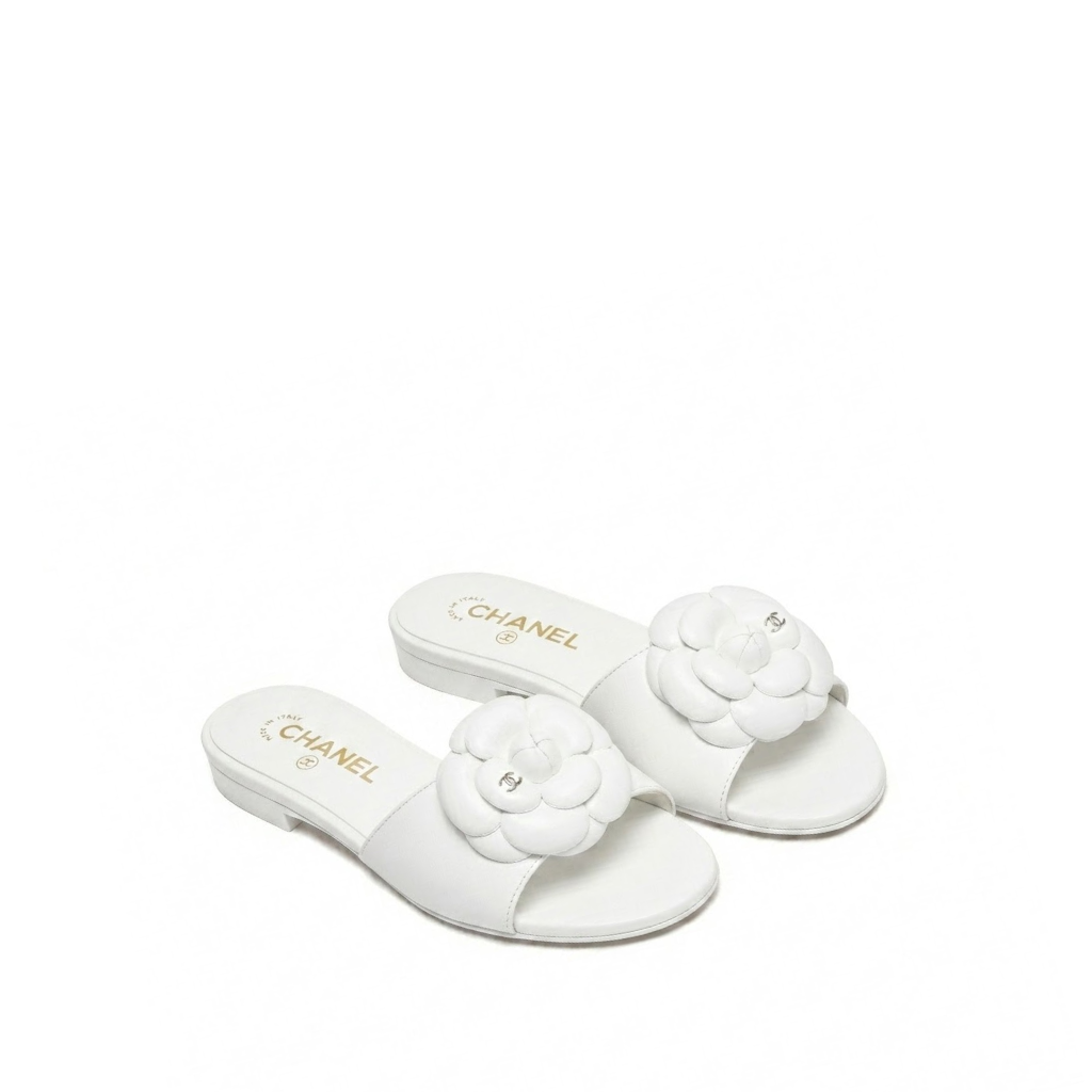 Chanel Camellia Slides White