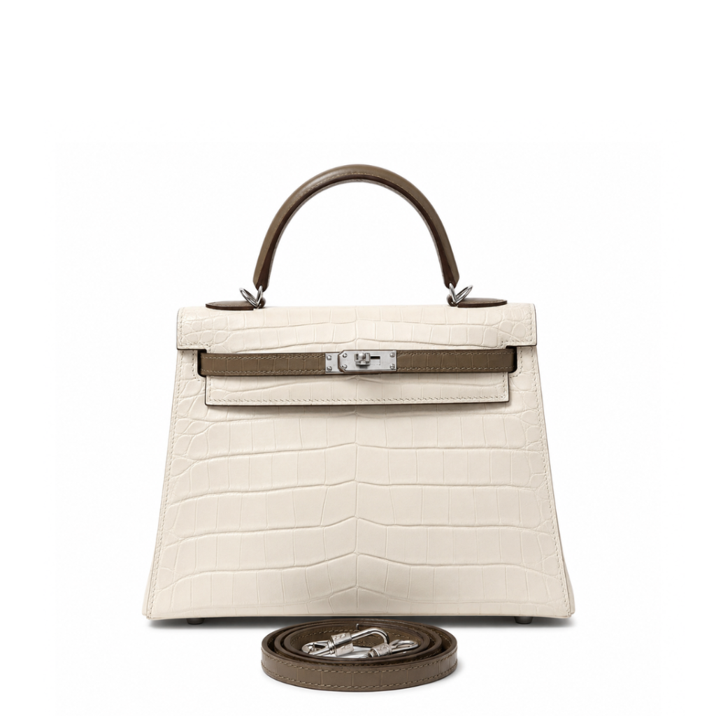 Hermès Kelly 28 Sellier Gris Perle & Gris Asphalte Matte Alligator Palladium Hardware