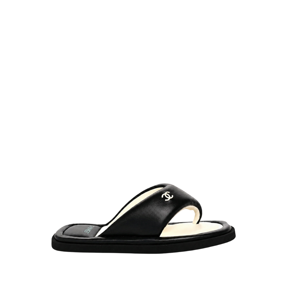 Chanel 22P Lambskin Padded Pool Thong Logo Black