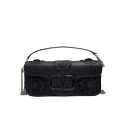 Valentino Garavani Loco Flower Applique Shoulder Bag Black 26Cm