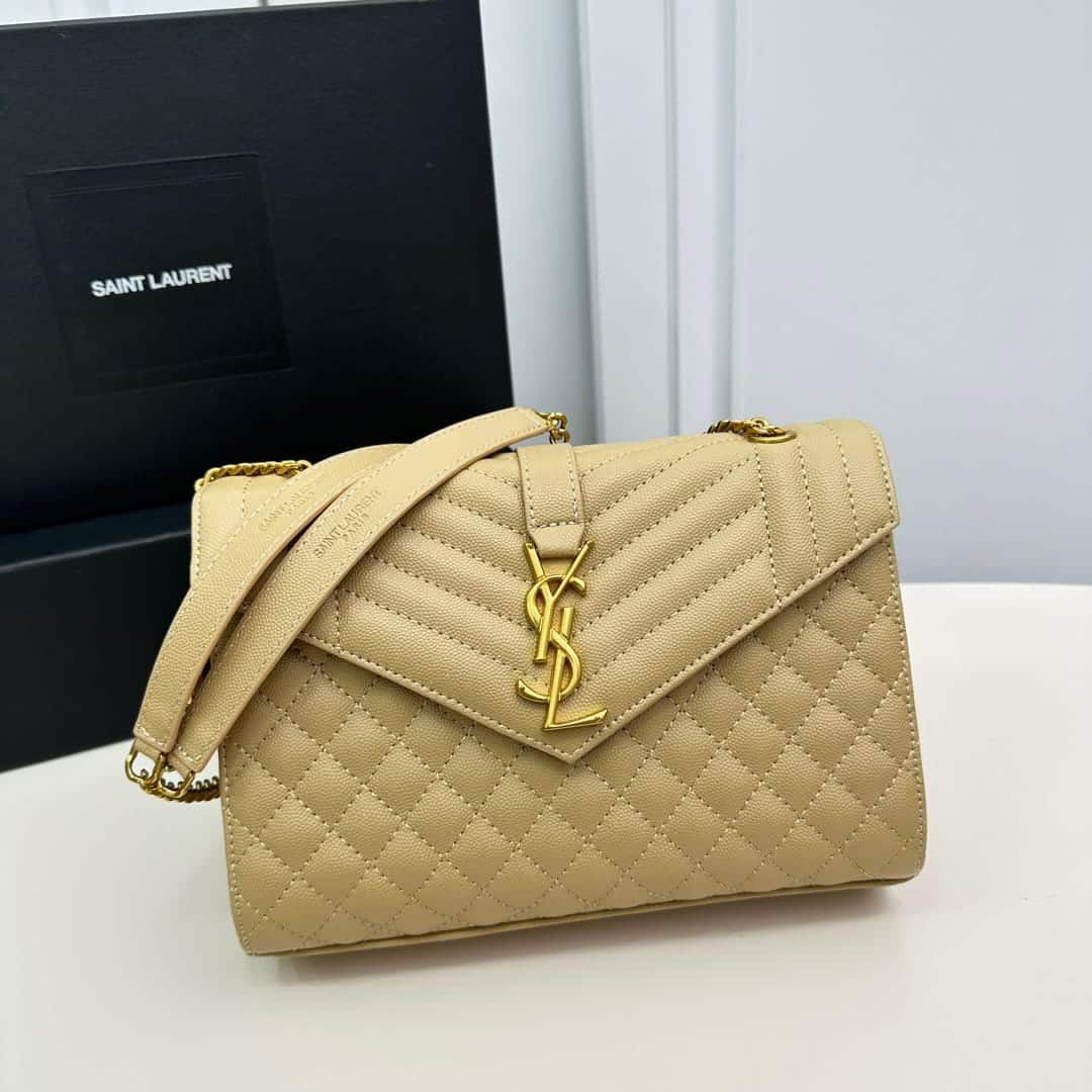 Saint Laurent Envelope Medium Chain Bag In Mix Matelasse Grain De Poudre Embossed Beige 24Cm 600185Bow912721 - Image 7