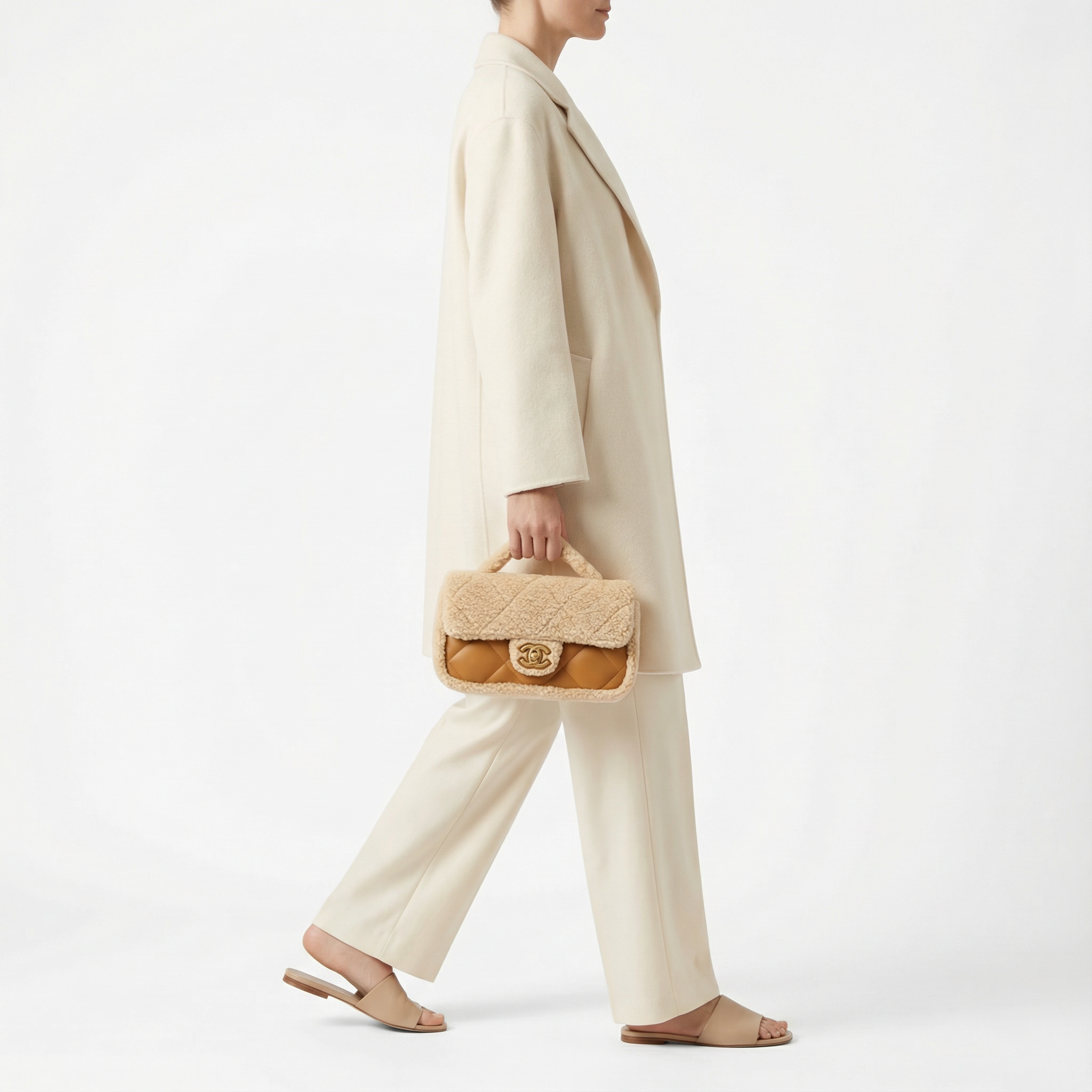 Chanel Quilted Flap Bag Beige Shearling Gold Hardware - Image 2