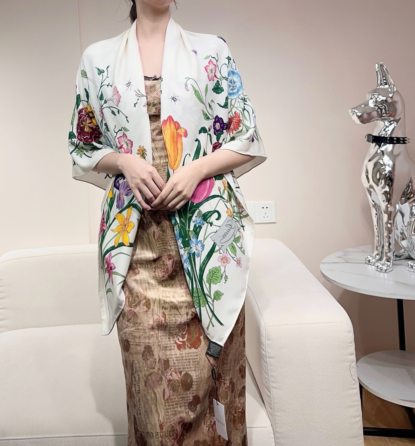 Gucci Scarf Flora Print Black Multicolor Silk - Image 4