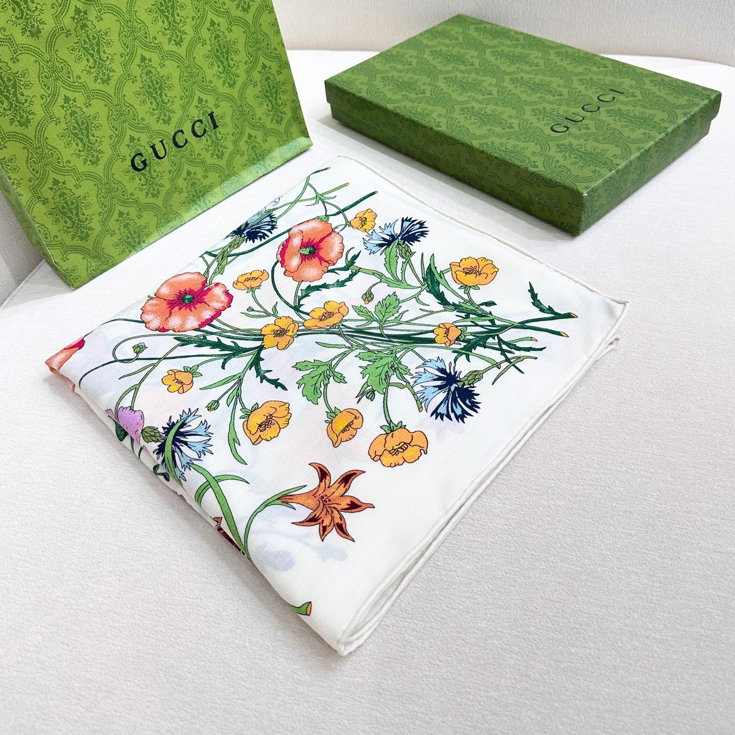 Gucci Scarf Flora Print Black Multicolor Silk - Image 5