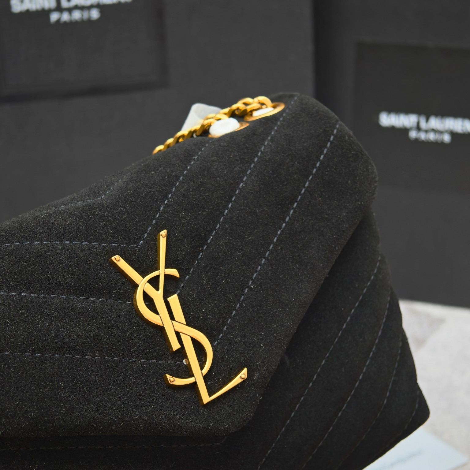 Saint Laurent Suede Calfskin Y Quilted Monogram Small Loulou Chain Satchel Black - Image 3