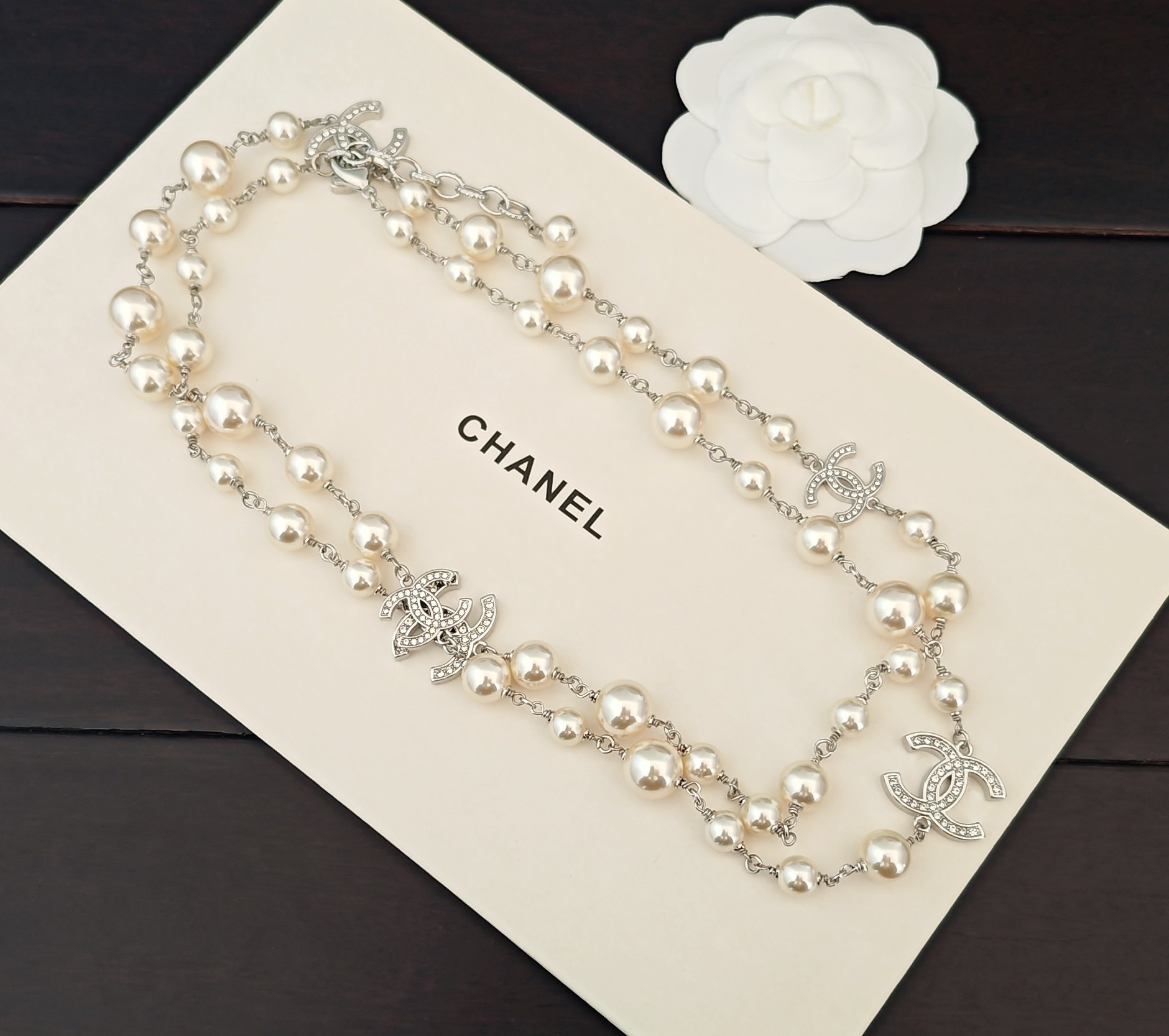 Chanel Crystal CC And Graduated Pearl Sautoir Necklace – Silver-Tone - Image 2