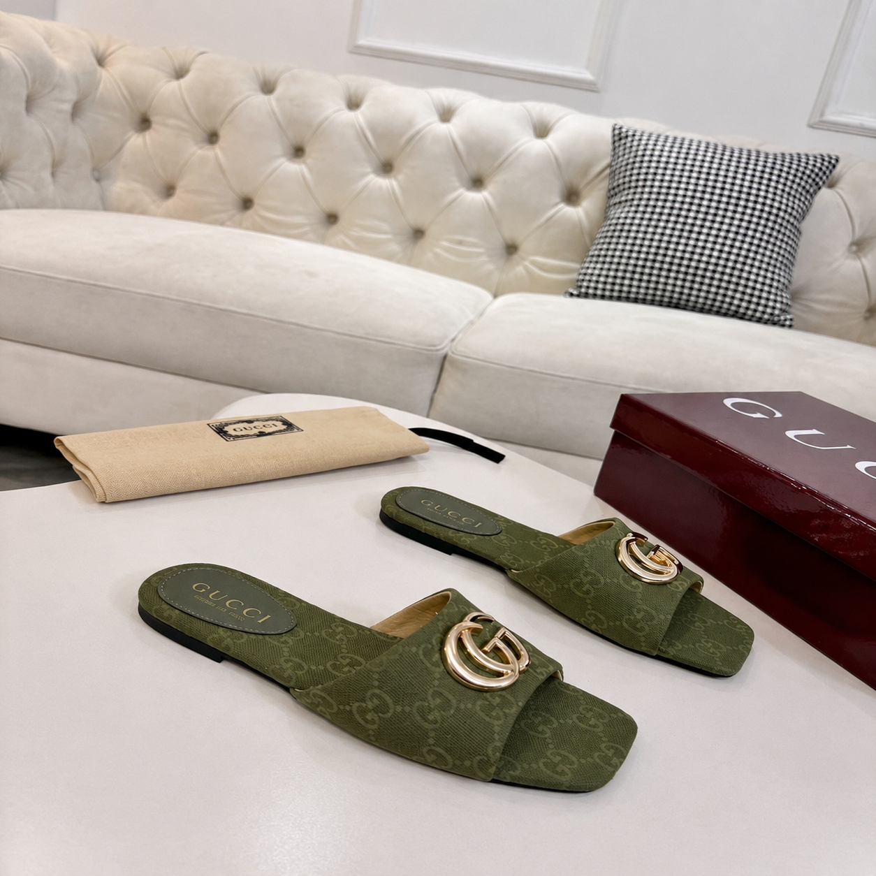 Gucci Classic Monogram Canvas Single-Strap Slide Sandals In Green - Image 3