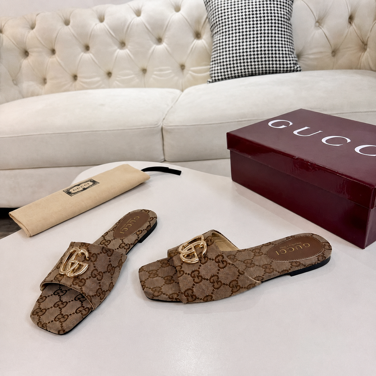 Gucci Classic Monogram Canvas Single-Strap Slide Sandals In Brown - Image 4