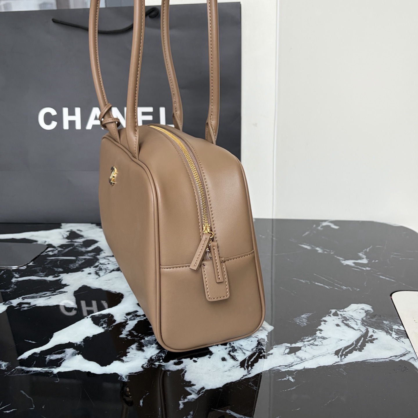 Chanel Large "Perfect Bowling" Bag Dark Khaki Calfskin Gold Hardware - Image 4
