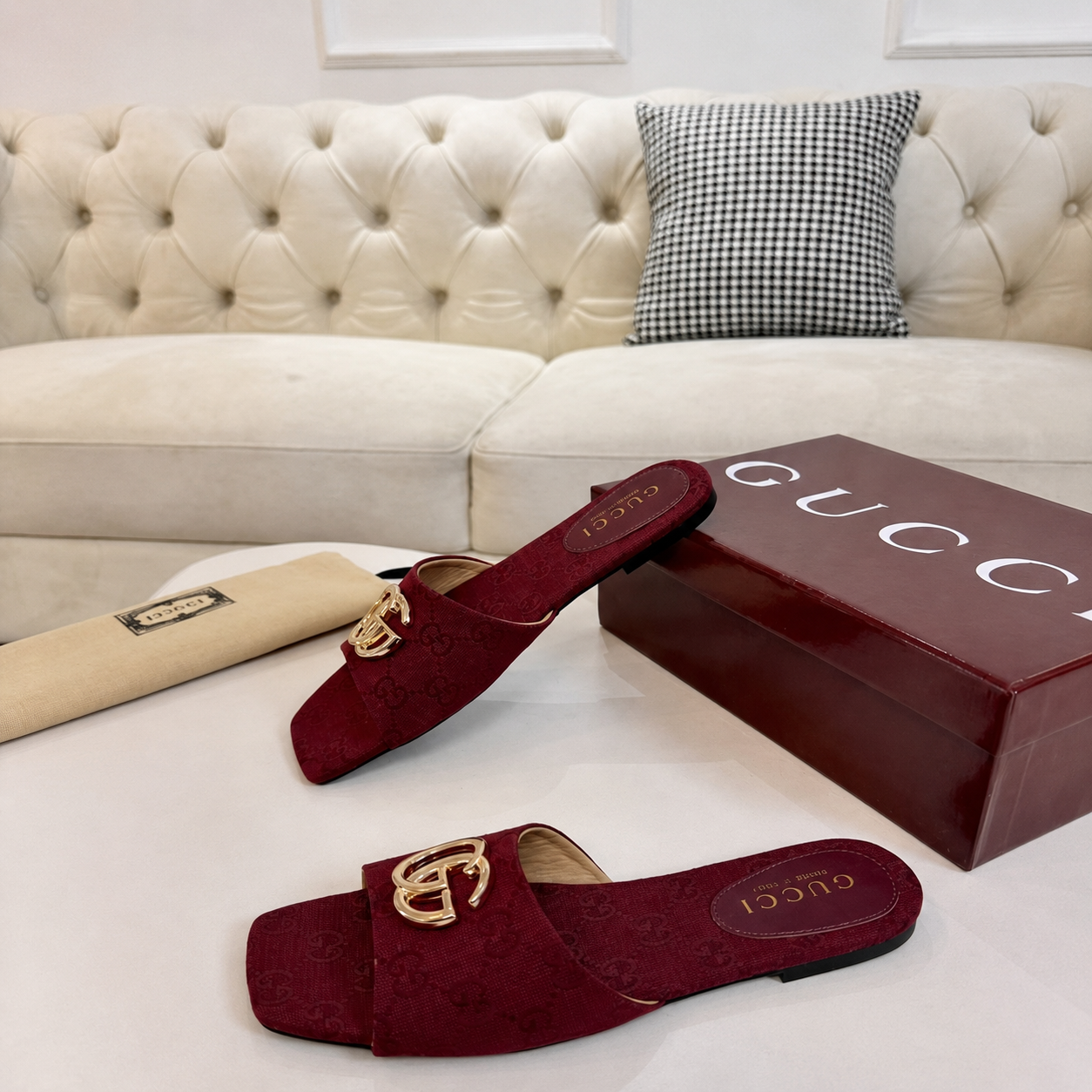 Gucci Classic Monogram Canvas Single-Strap Slide Sandals In Burgundy - Image 2